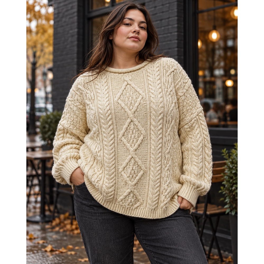 Kerry Traditions Irish Wool Cable Knit Sweater Cream XXL Oversized Fisherman
